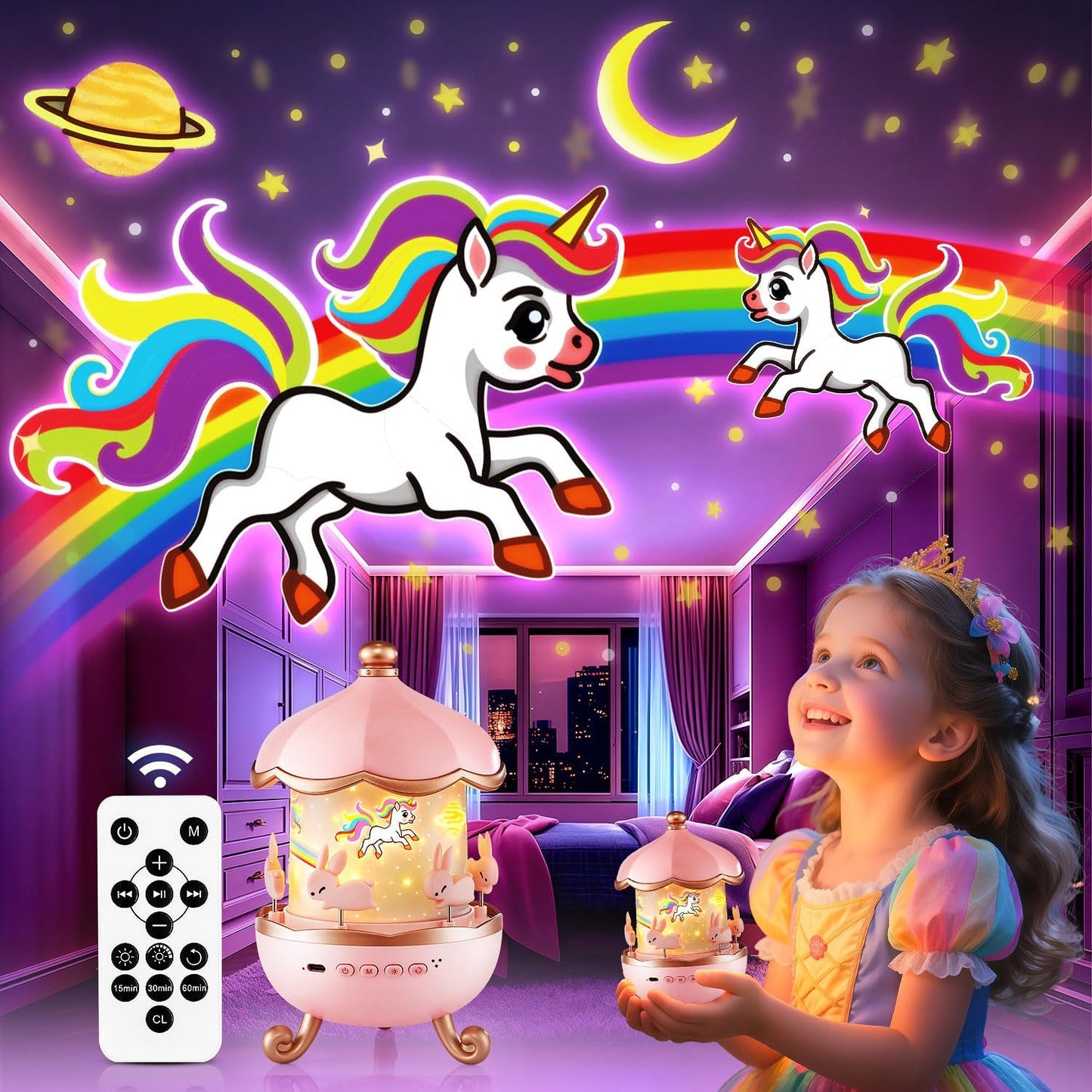 Onefire Night Light for Kids 15 Sound Machine Star Projector Unicorn Light