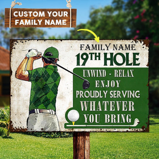 Personalized Golf 19th Hole Proudly Serving Green Customized Classic Metal Signs