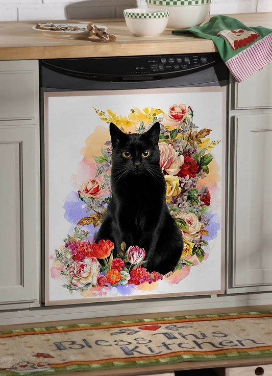 Black Cat Flowers Diswasher Cover