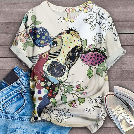 Happy Farm Floral Art T-shirt 7 cow