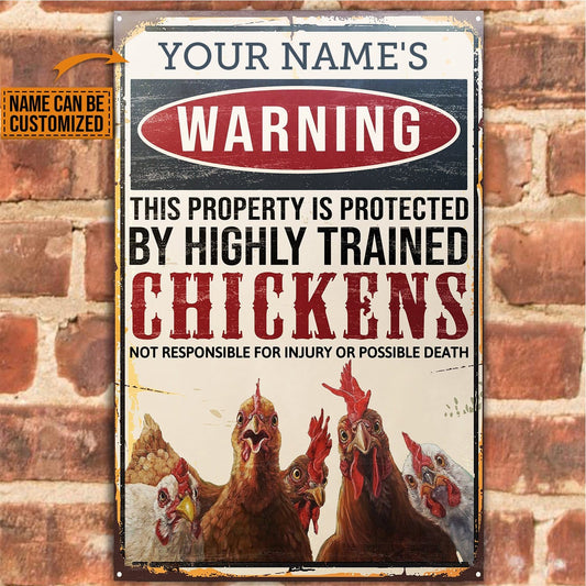 Personalized Chicken Warning This Property Is Protected Customized Classic Metal Signs