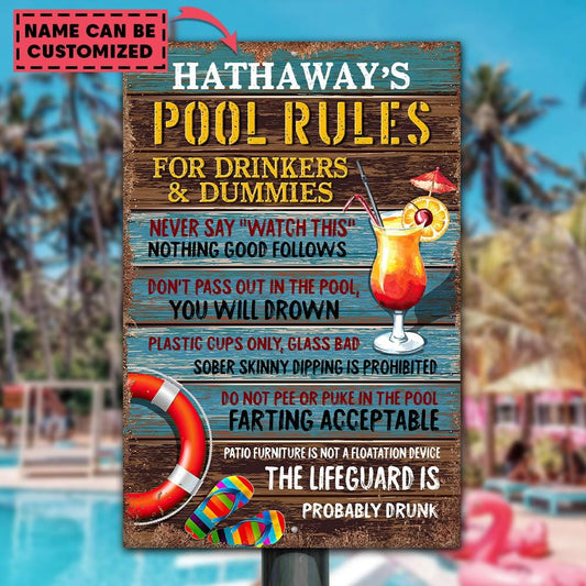 Pool Rules For Drinkers & Dummies Funny Sign, Personalized Metal Sign