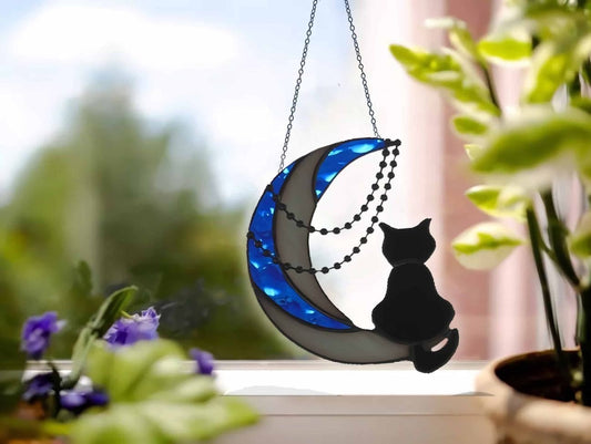 BLACK CAT ON THE MOON WITH CHAINS Window Decor Ornament
