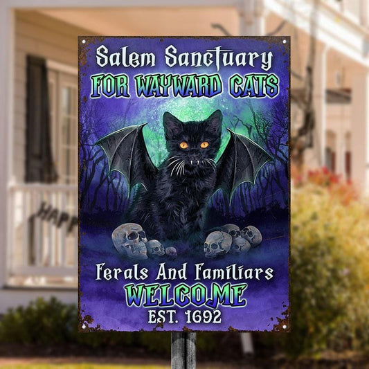 Black Cat Salem Sanctuary For Wayward Cat Custom Classic Metal Signs, Yard Sign, Cat Lovers, Halloween Sign, Halloween Gift