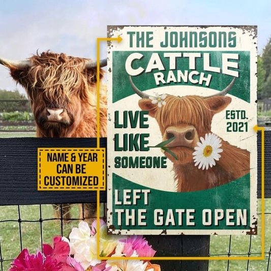 Personalized Highland Cattle Ranch Gate Open Customized Classic Metal Signs