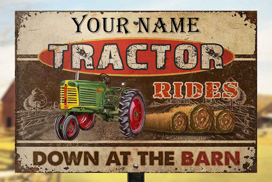 Personalized Whose Tractor Rides Down At The Barn Metal Sign