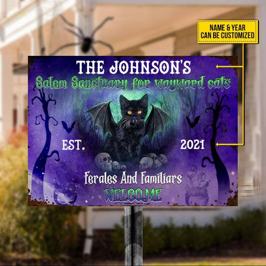 Black Cat Salem Sanctuary For Wayward Cat Custom Classic Metal Signs, Yard Sign, Cat Lovers, Halloween Sign, Halloween Gift